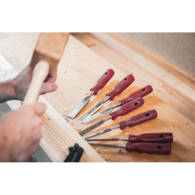 Stubai 354104 Wood Chisel Set with Plastic Handle, Silver/Red, 12-24