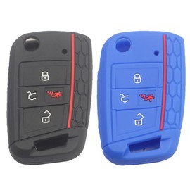 Btopars 2pcs 4 Buttons Silicone Rubber Remote Flip Key Fob Cover Case Protector Holder Compatible with Volkswagen VW GTI Golf 2015 2016 2017 2018 2019 2020 Black Blue