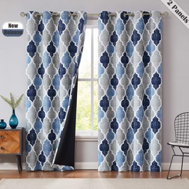 Beauoop Grommet Lattice Blackout Window Curtain Panels Thermal Insulated Soundproof Drapes for Bedroom Living Room Quatrefoil Energy Saving Window Treatment Eyelet Top, Set of 2, 50W x 84L, Blue/Gray
