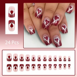 24 Pcs French Tip Press on Nails Short Square Valentines Fake Nails With Designs Stripe Heart False Nails Full Cover Stick on Nails Holiday Press on Nails for Women Girl Valentines Day Nail Decoration