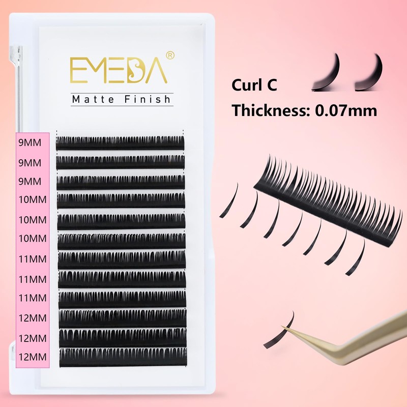 EMEDA Wet Look Eyelash Extensions, 0.07 mm, C Wave, 9