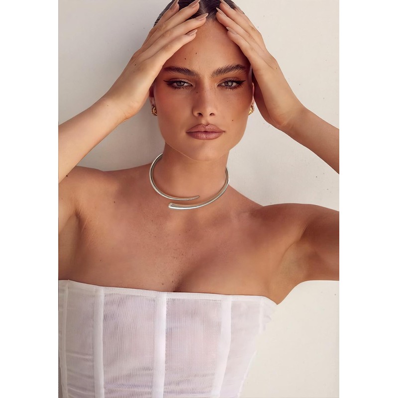 WOWORAMA Silver Chunky Cuff Choker Necklace for Women Teardrop Collar