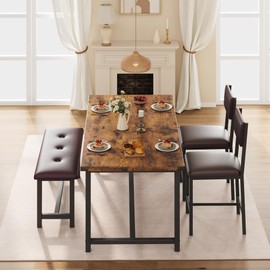 GarveeHome Dining Table Set for 4, Kitchen Table with 2 Upholstered Chairs and Bench, Wood Kitchen Dining Room Set, for Small Space, Apartment, Home, Kitchen, Retro Brown