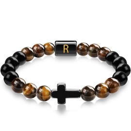 RFM4S Cross Bracelet for Men, Letter R Initial Bracelets, Natural Stone Beads Beaded Tigers Eye Bracelet Christian Gifts for Men Faith, Regalos para Hombre, Fathers Gifts for Dad Grandpa Husband Son