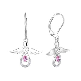 FJ Guardian Angel Dangle Drop Earrings 925 Sterling Silver Teardrop Leverback Pink Tourmaline Earrings October Birthstone Jewelry Gifts for Women