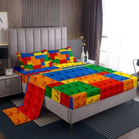 Erosebridal Games Sheet Set for Kids Teens Adults,Color Building Blocks Bed Sheets Set Full Size,Toy Brick Sheets,3D Construction Flat Fitted Sheet with 2 Pillowcases Microfiber