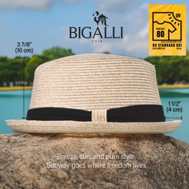 Bigalli Subway Poly Braid Sun Hat for Women Men Crushable Beach Hat Pork Pie Crowm Shape, Cloth with Poly Braid Detail, UV Protection SPF 80 | Chocolate Small