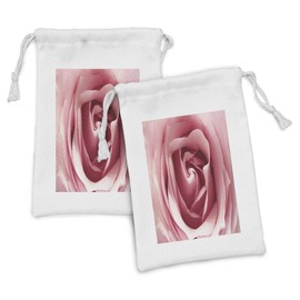 Lunarable Rose Fabric Pouch Set of 2, Pink Rose Valentine's Day Happy Occasions Holidays Bloom Botanical Close up Picture, Small Drawstring Bag for Toiletries Masks and Favors, 9" x 6", Pale Pink