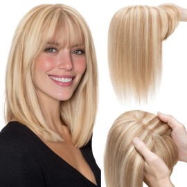 Charites Hair Toppers for Women Real Human Hair 16 Inch Long Straight Toppers for Women with Thinning 7 * 13CM Silk Base Clip in Hairpieces with Bangs (Golden Brown & Bleach Blonde)
