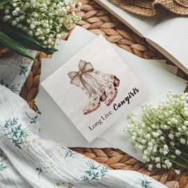 KFXHANGD Long Live Cowgirl Beige Bow Wooden Box Sign Desk Decor, Preppy Western Decorative Signs for Girls Living Room Bedroom, Beige Cowgirl Boot Shelf Desk Decor 5x5 Inch