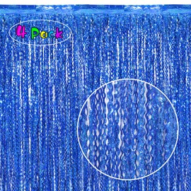 4 Pack 3.3 ft x 6.6 Wavy Sparkle Dark Blue Foil Fringe Backdrop Curtain - Navy Blue Streamer Backdrop Tinsel Curtains for Door Streamers Ocean Birthday Party Decorations Disco Party