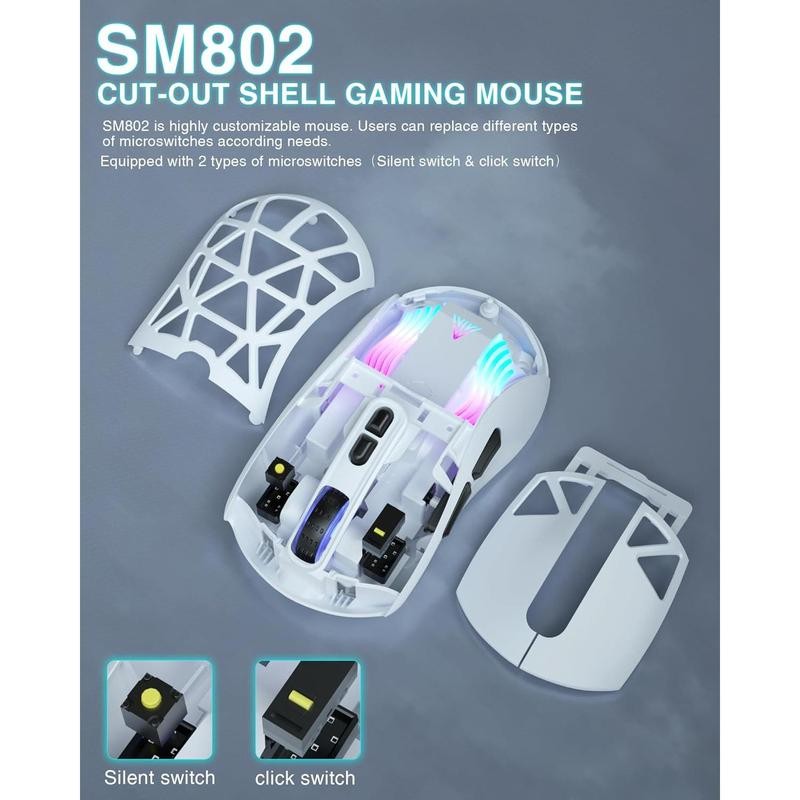 SM802 White Wireless Gaming Mouse 10000 DPI Tri-Mode Wired/BT 5.0/2.4GHz