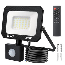 HLFVLITE 30W LED Floodlight with Motion Sensor, 3000 lm Dimmable Security Light with Remote Control, IP65 Waterproof PIR Flood Light Outdoor for Garden Patio Garage, 6500K Cold White