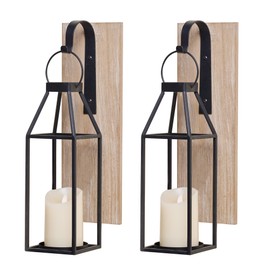 HPC Decor Set of 2 Wood and Metal Wall Sconce Candle Holders - LED Candle Wall Sconces for Porch, Living Room, Bathroom, Dining Room