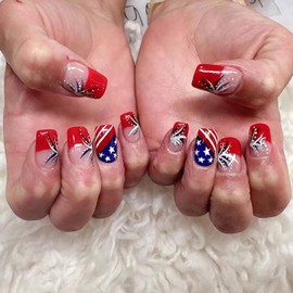 Independence Day Press on Nails Short Square Stripe Wave Points USA Flag Design French False Nails July 4 Fake Nails Artificial Acrylic Nails Full Cover Glossy Coffin Nails Glue on Nails for Women