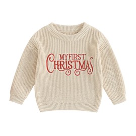LYSINK Christmas Baby Boy Girl Knit Sweater Letter Embroidery Crew Neck Long Sleeve Pullover Knit Tops for Fall Winter (Ba Cream White, 0-3 Months)