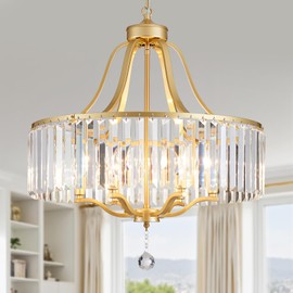 peskoe Gold Crystal Chandeliers for Dining Room, 6-Light Modern Round Chandeliers for Living Room Kitchen Hallway Bedroom Foyer Hall, 22 Inch Adjustable Height Large Hanging Light Fixture