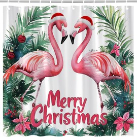 Christmas Flamingo Shower Curtain Tropical Birds with Xmas Hat Xmas Balls Pink Hibiscus Floral Green Palm Leaves Animal Winter Holiday Happy New Year Bathroom Decor Fabric Curtain with Hooks
