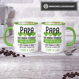Tassendruck Geschenk Tasse mit Spruch PERSONALISIERT - Bestes Geschenk für Papa von Kindern - Kaffee-Tasse/Geschenkidee Geburtstag Vatertag/Vatertagsgeschenk - Innen & Henkel Hellgrün