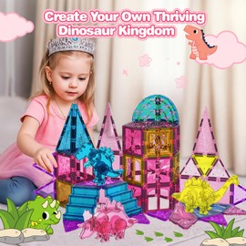 60PCS Dinosaur Toys Magnetic Tiles for Girls, Magnet Building Blocks Sensory Toy for Girls Boys Ages 3-5 4-8, STEM Learning Construction Toddler Girl Toys Birthday Gift for 3+ Years Old Kids Toy