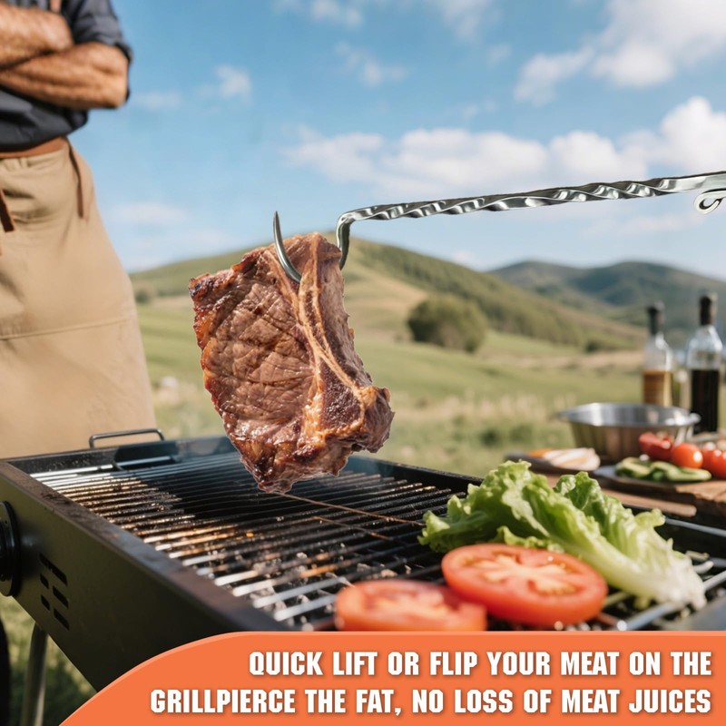 Stainless Steel Meat Hook Flipper, Handmade BBQ Turner Hooks, BBQF
