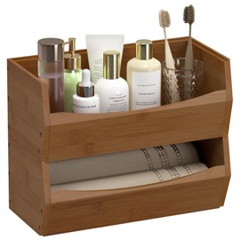 Open Front Stackable Storage Bins, 2 PCS Bamboo Stacking Storage Bins Food Vegetable Makeup Containers, Rustic Organizer Bins for Kitchen, Office, Cabinet, Countertop Storage (Medium-Walnut)