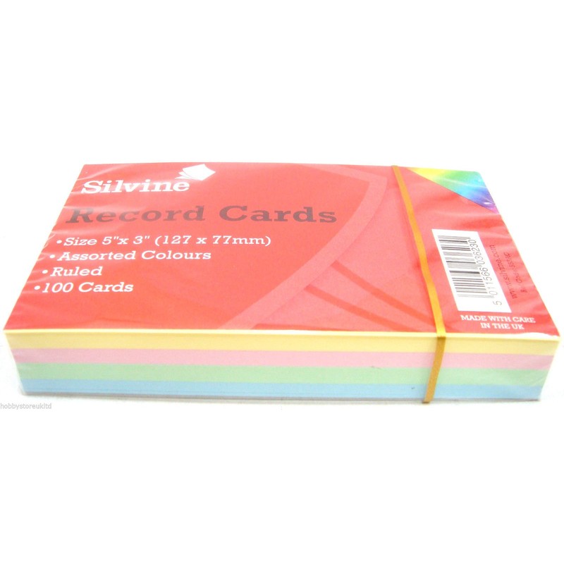 Silvine Coloured Record Cards 5" x 3" Ruled Flash Cards