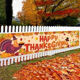 Large Happy Thanksgiving Banner Outdoor - Thanksgiving Decorations Fall Turkey Maple Leaves Pumpkin Banner Happy Thanksgiving Yard Fence Sign Banner Thanksgiving Party Supplies 100"x20"