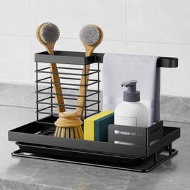 FOXWHALE Sink Organiser, Sink Organiser Sponge Holder with Drain Pan, Kitchen Organiser Sink Cloth Holder for Kitchen Accessories Sponge/Brush/Dish Soap