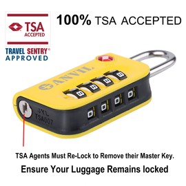 ANVIL TSA Approved Luggage Lock - 4 Digit Combination, 10,000 Combinations, Easy-Read Password Window, Travel Lock for Suitcases, Backpacks, Gym & Student Lockers, Baggage (Yellow 1 Pack)