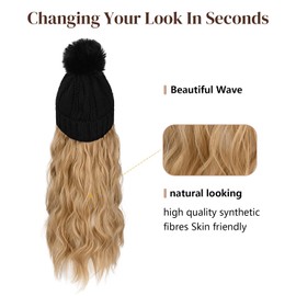 Flufymooz Beanie Wig, Hat Hair Extension Long Wavy Curly Black Hat Wig with Faux Fur Pom Hat, wig hat Attached 20 Inch Synthetic Hairpiece for Women Girls Winter （Dirty Blonde）