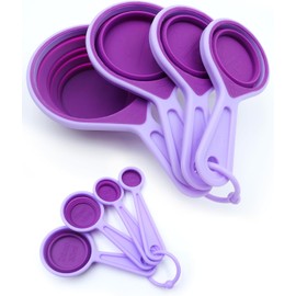 Juego de taza y cuchara medidora, taza medidora plegable, 8 herramientas de medición, grabadas métricas y marcas estadounidenses, para medidas líquidas y secas, ahorro de espacio, silicona última