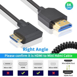 Duttek Mini Hdmi to Hdmi 2.1 Coiled Cable 1.2m,Extreme Thin HDMI Male to Male Extender Coiled Cable Hdmi 2.1,Supports 8K@60Hz, 4K@120Hz, Compatible for Camera,Camcorder, Tablet Graphics, Laptop(Right)