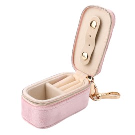 lasuroa Velvet Mini Jewelry Box, Jewellery Travel Case Small Partitioned Earrings Box 2-in-1 Ring Holder Keychain Organizer for Storing Ring Necklace Pendants Women (Pink)