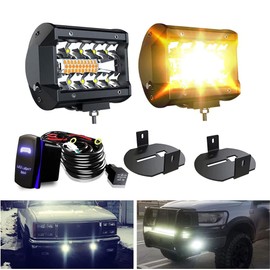 ASLONG 2pcs 4 Inch White/Amber For 2006-2014 Ford F150 Yellow LED Pods Light Triple Row Spot Flood Combo Offroad Fog Lamp 60W, Wiring Harness With Rocker Switch, A Pair Of Pods Lights Mount Brackets