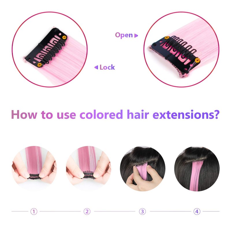 TOFAFA 22 Inch Colored Hair Extensions,Pink Color Long Straight Highlights