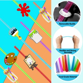 24PCS Art Painting Drinking Straws Reusable for Kids Art Theme Birthday Party Favors Supplies Decorations with 2 PCS Cleaning Brushes (Art Painting)