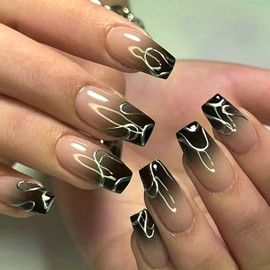 IMSOHOT Coffin Press on Nails Medium Black Gradient French Fake Nails Tips Gel Glue on Nails Full Cover Acrylic Ballerina False Nails with Silver Line Designs 24Pcs