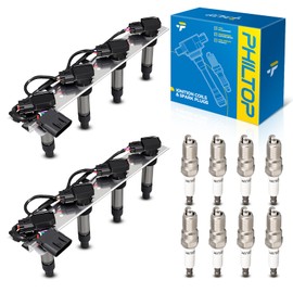 PHILTOP Set of 8 Ignition Coil Pack and Iridium Spark Plugs Fits for 2004-2005 DeVille,Bonneville 4.6L,1983-1986 F-350 Base,2004 Seville