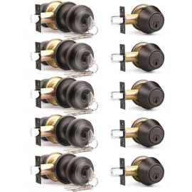 Brotima 5 Pack Keyed Alike Front Door Knob and Deadbolt Set, Entry Door Locksets with Single Cylinder Deadbolt, Oil Rubbed Bronze Flat Round Door Lock Set for Bedroom/Office/Exterior Doors