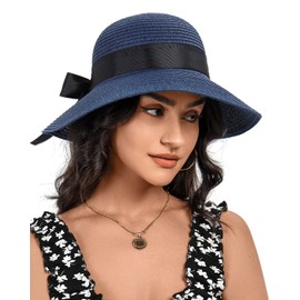 S.ROMZA - Sombrero de paja para mujer, con cordón de viento, de ala ancha, plegable, para playa, verano, para mujer, protección UV 50+, Azul-cielo, Talla única