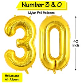 40 Inch Gold 30 Number Balloons, Jumbo Foil Helium Balloons for 30th Birthday Party Decorations Supplies / 30th Anniversary Event