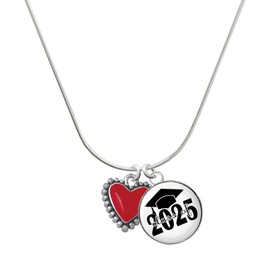 Delight Jewelry Silvertone Red Heart with Beaded Border Script Class of 2025 Dome Charm Necklace, 18"