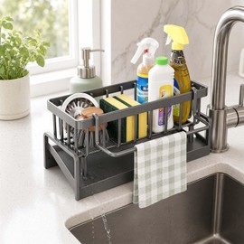 Zirax Kitchen Sink Caddy Organiser, Sink Tidy Sponge Holder with Removable Brush Holder & Dishcloth Hanger, Grey Thickened Plastic Washing Up Caddy for Kitchen Storage & Organisation