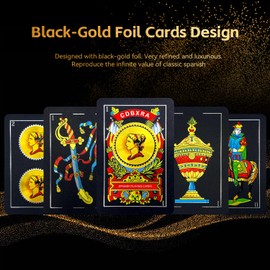 CDBXRA Spanish Playing Cards, Original Spanish Cards Games, Briscas Cards Puerto Rico, Original Spanish Deck of Cards, Mexican Playing Cards [Luxury Black-Gold Foil Classic] [PVC Waterproof] (1 Pack)
