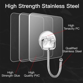 Large Adhesive Hooks for Hanging Heavy-Duty 44Ib(Max) 20 Packs, Wall Hangers without Nails Self-Adhesive Traceless Clear and Removable, Waterproof and Rustproof Multiple Uses for Bathroom Kitchen Home