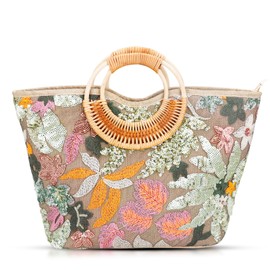 QTKJ Tote Bag for Women, Beach Bag, Sequin Embroidery Straw Bag, Hand-Woven Rounded Bamboo Handle, Bohemian Handbag Large Capacity Shoulder Bag Suitable for Travel Daily(Green)