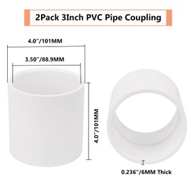 2Pack 3" PVC Pipe Coupling Adapter Pipe Fittings (Socket x Socket) Contractor Pack Schedule 40 Heavy Duty 3 Inch PVC Slip Socket Connectors for DIY PVC Shelf Garden Support Structure, White