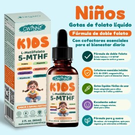 GWYNNE Kids L-Metilfolato 5-MTHF Gotas Líquidas,Fórmula Doble Folato con Vitamina C,B12, B6, D3 y Magnesio, Apoyo Cerebral Diario, Energía, Estado de 
