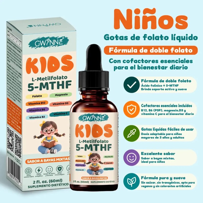 GWYNNE Kids L-Metilfolato 5-MTHF Gotas Líquidas,Fórmula Doble Folato con Vitamina